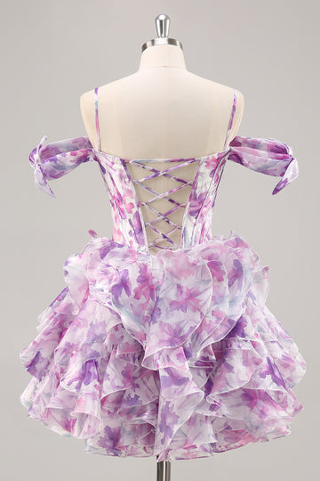 Purple Cold Shoulder A Line Printed Corset Short Homecoming Dress With Ruffles